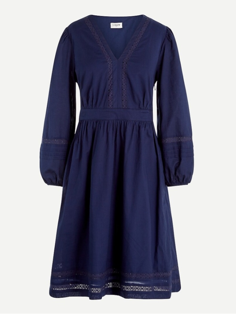 J Crew Cotton Double Lined VNeck Dress Navy Blue Balloon Sleeve Crochet Trim XXL